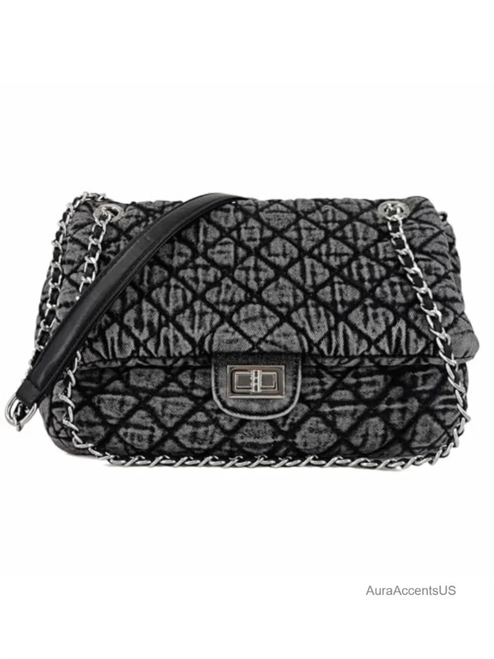Quilted Denim Shoulder Hobo Bag Dual Chain Strap Flap Closure